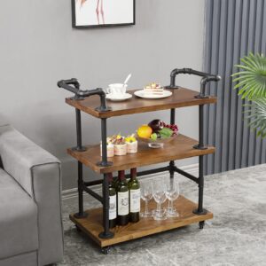 DOFURNILIM Industrial Bar Carts/Serving Carts/Kitchen Carts/Wine Rack Carts on Wheels with Storage - Industrial Rolling Carts - Wine Tea Liquor Shelves/Holder - Solid Wood and Metal Home Furniture