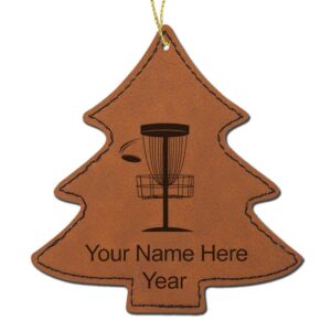 lasergram faux leather christmas ornament, disc golf, personalized engraving included (dark brown, tree)