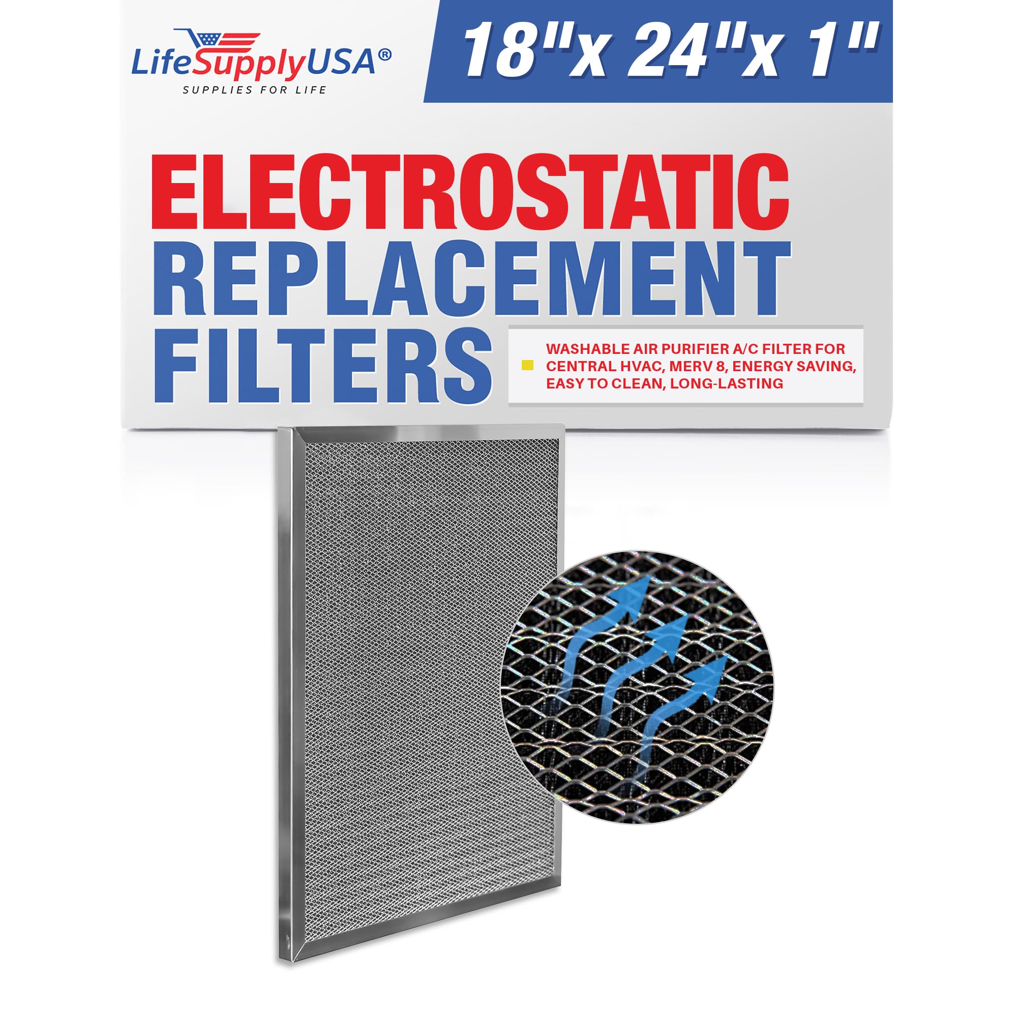 LifeSupplyUSA (18x24x1) Aluminum Electrostatic Air Filter Replacement Washable Air Purifier A/C Filter for Central HVAC, MERV 8, Energy Saving, Easy to Clean, Long-Lasting (1-Pack)