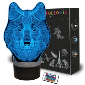 fullosun 3d wolf night light, optical illusion lamp for home decor & co-sleeping,remote controller with 16 color changing birthday gifts for kids, boys & men