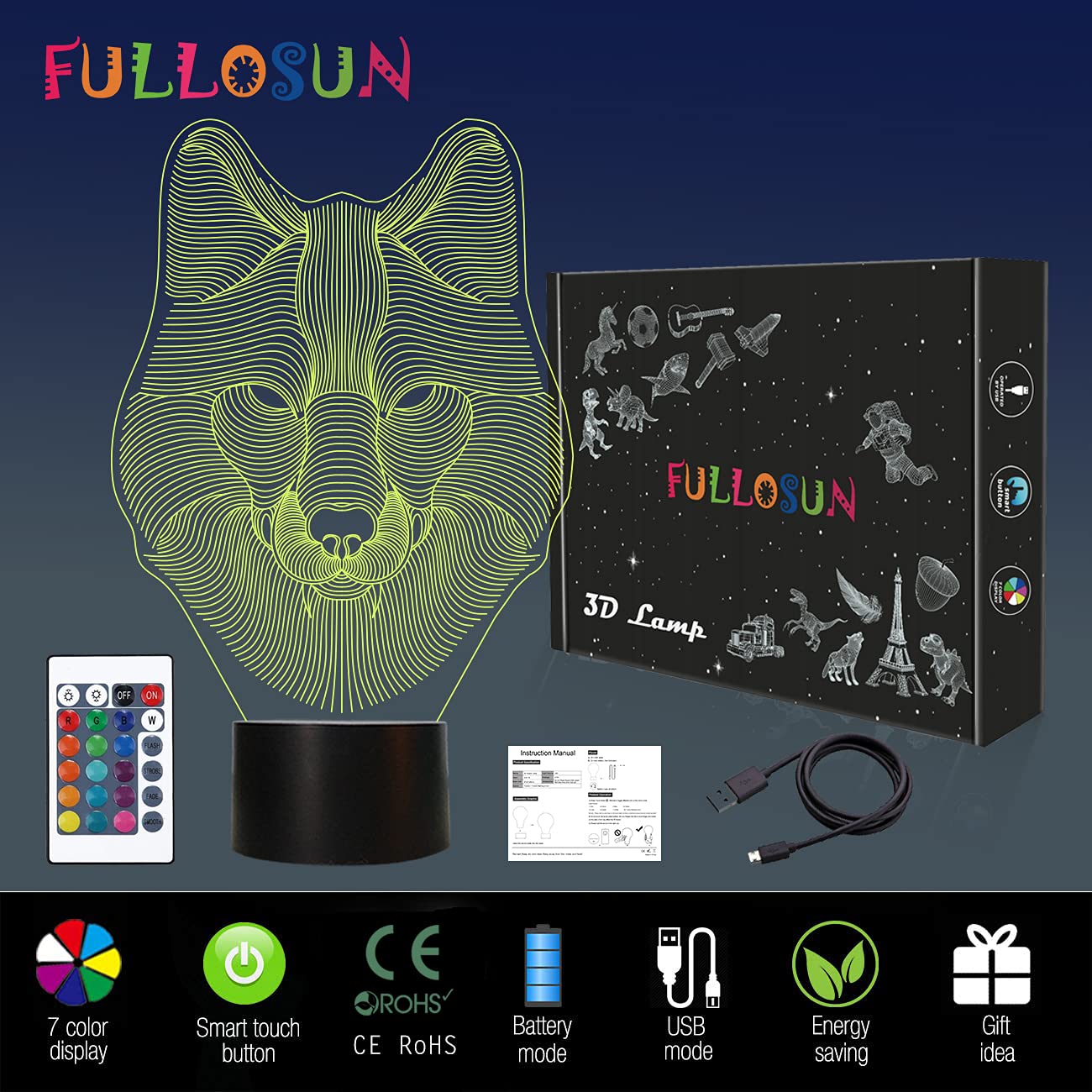 FULLOSUN 3D Wolf Night Light, Optical Illusion Lamp for Home Decor & Co-Sleeping,Remote Controller with 16 Color Changing Birthday Gifts for Kids, Boys & Men