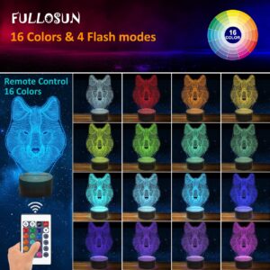 FULLOSUN 3D Wolf Night Light, Optical Illusion Lamp for Home Decor & Co-Sleeping,Remote Controller with 16 Color Changing Birthday Gifts for Kids, Boys & Men