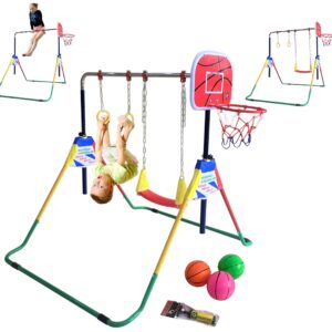 Kids Jungle Gymnastics Expandable Junior 4 in 1 Training Monkey Horizontal Bars Climbing Tower Child playset Training Pull Up Gym with Swing, Trapeze Ring and Basketball Stand with 3 Balls Set.