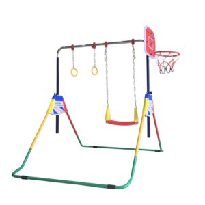 Kids Jungle Gymnastics Expandable Junior 4 in 1 Training Monkey Horizontal Bars Climbing Tower Child playset Training Pull Up Gym with Swing, Trapeze Ring and Basketball Stand with 3 Balls Set.