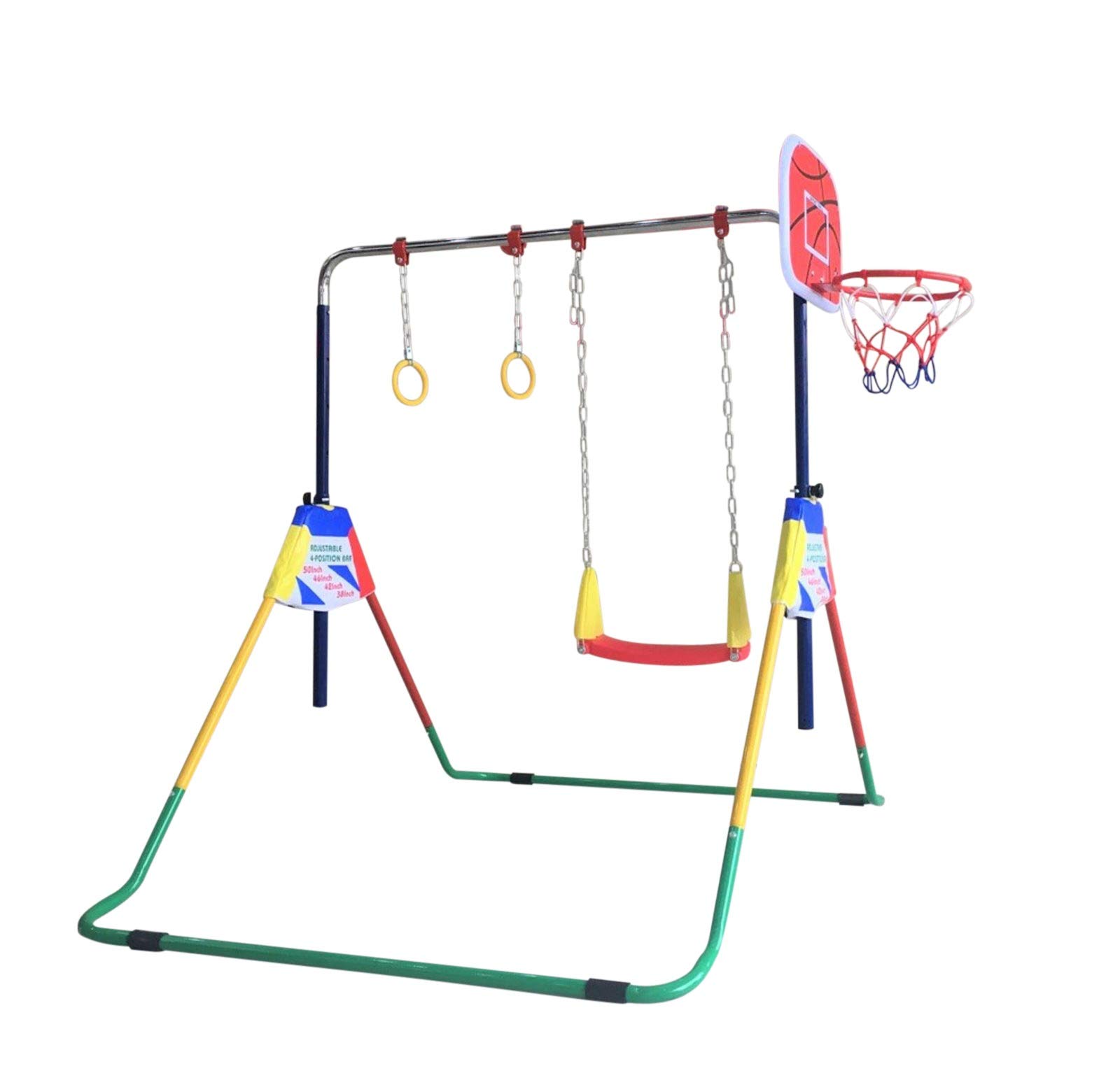 Kids Jungle Gymnastics Expandable Junior 4 in 1 Training Monkey Horizontal Bars Climbing Tower Child playset Training Pull Up Gym with Swing, Trapeze Ring and Basketball Stand with 3 Balls Set.