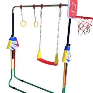 Kids Jungle Gymnastics Expandable Junior 4 in 1 Training Monkey Horizontal Bars Climbing Tower Child playset Training Pull Up Gym with Swing, Trapeze Ring and Basketball Stand with 3 Balls Set.