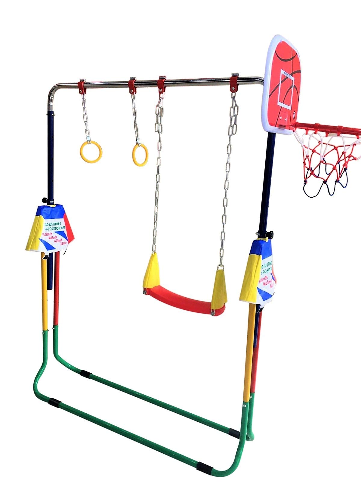 Kids Jungle Gymnastics Expandable Junior 4 in 1 Training Monkey Horizontal Bars Climbing Tower Child playset Training Pull Up Gym with Swing, Trapeze Ring and Basketball Stand with 3 Balls Set.