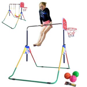 Kids Jungle Gymnastics Expandable Junior 4 in 1 Training Monkey Horizontal Bars Climbing Tower Child playset Training Pull Up Gym with Swing, Trapeze Ring and Basketball Stand with 3 Balls Set.