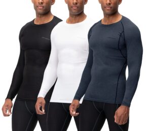 devops 3 pack men's upf 50+ long sleeve compression shirts, water sports rash guard base layer, athletic workout shirt (large, black-charcoal-white)