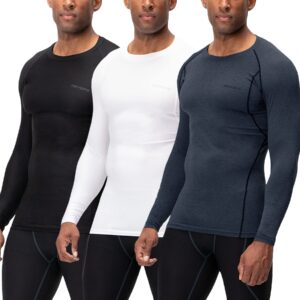 DEVOPS 3 Pack Men's UPF 50+ Long Sleeve Compression Shirts, Water Sports Rash Guard Base Layer, Athletic Workout Shirt (Large, Black-Charcoal-White)