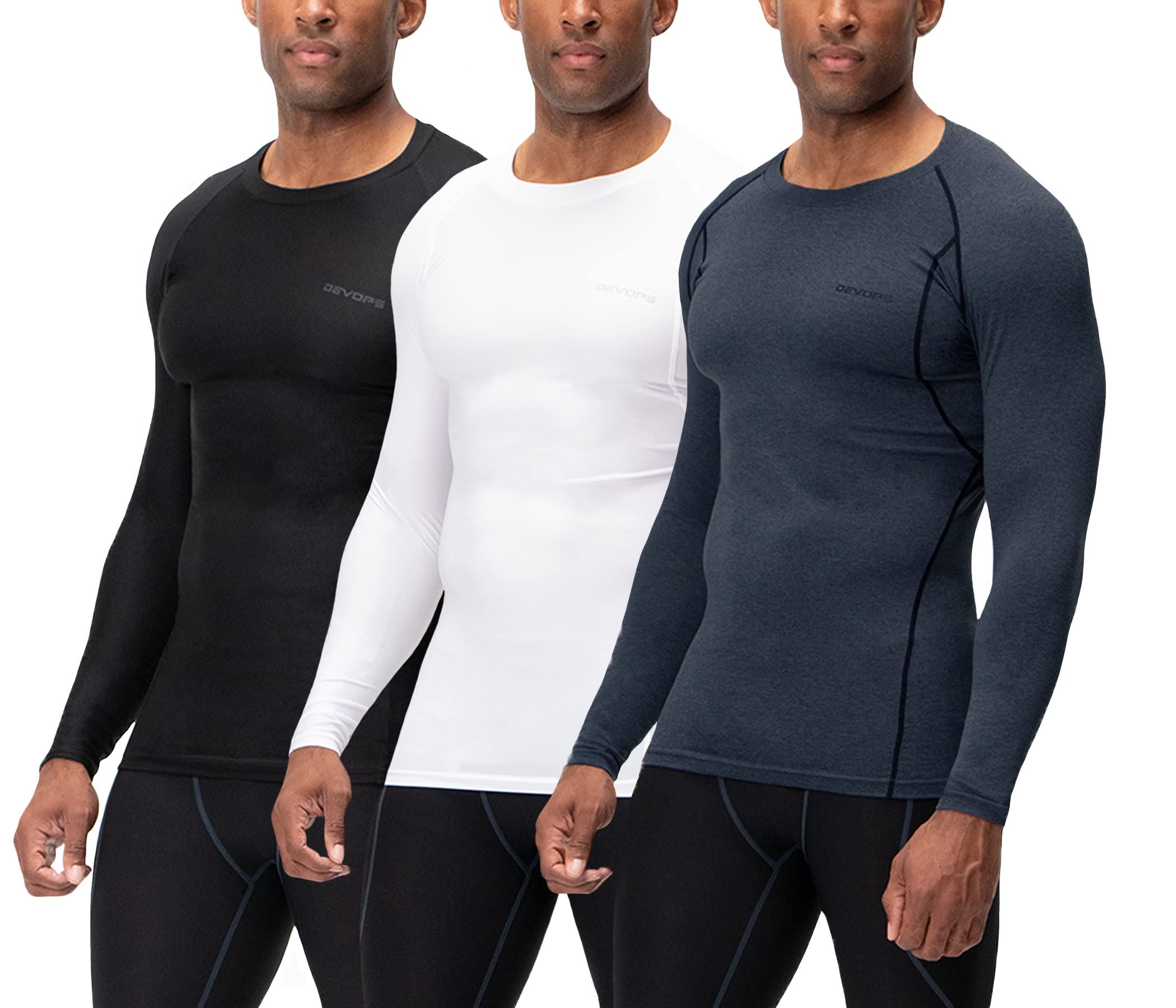 DEVOPS 3 Pack Men's UPF 50+ Long Sleeve Compression Shirts, Water Sports Rash Guard Base Layer, Athletic Workout Shirt (Large, Black-Charcoal-White)