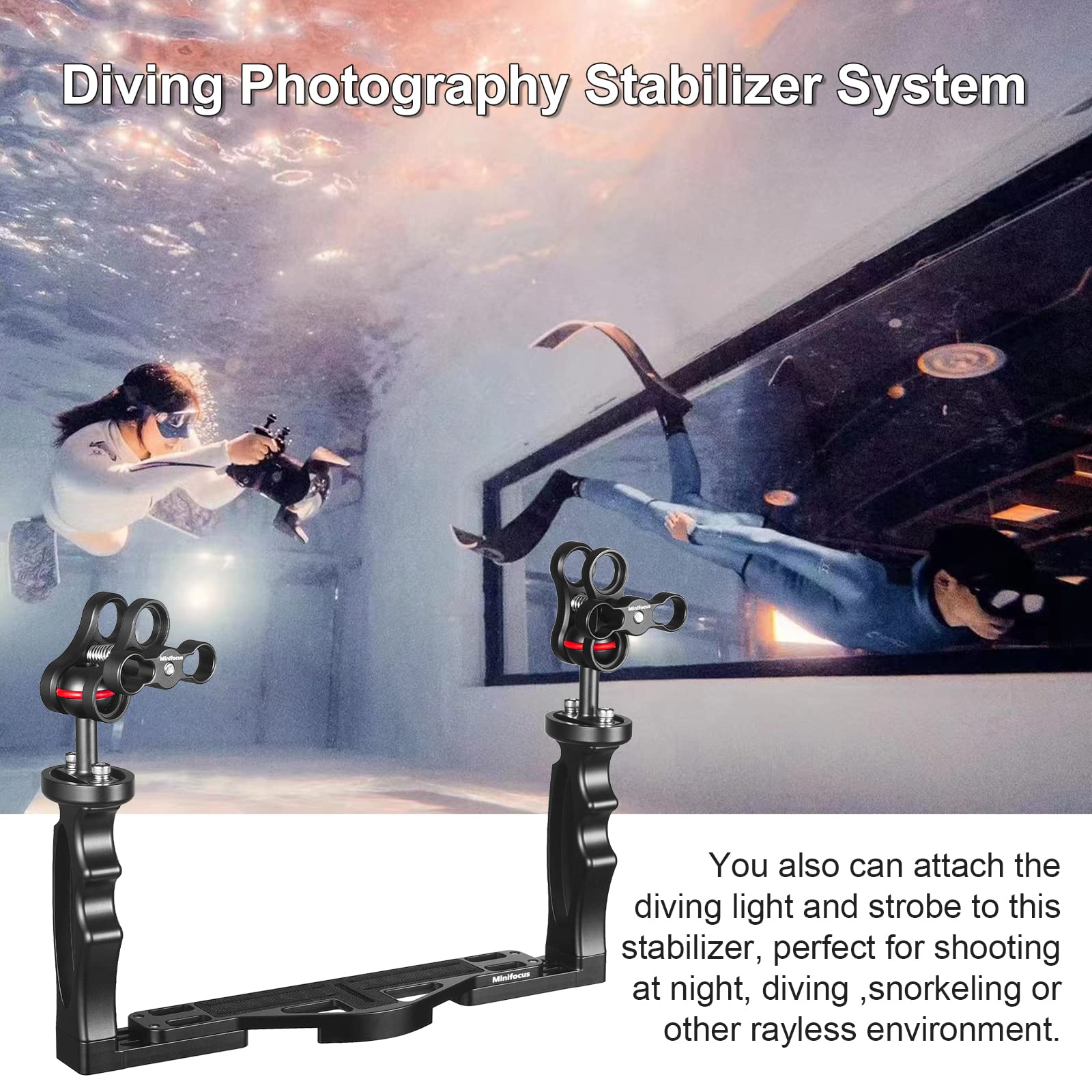 MINIFOCUS Underwater Camera Handle Tray Bracket, Dual Handle Extendable Aluminum Alloy Video Stabilizer Holder with 2 1'' Ball Clamp Mount for Underwater Camera Diving Housings