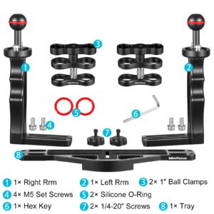 MINIFOCUS Underwater Camera Handle Tray Bracket, Dual Handle Extendable Aluminum Alloy Video Stabilizer Holder with 2 1'' Ball Clamp Mount for Underwater Camera Diving Housings