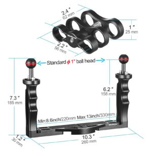 MINIFOCUS Underwater Camera Handle Tray Bracket, Dual Handle Extendable Aluminum Alloy Video Stabilizer Holder with 2 1'' Ball Clamp Mount for Underwater Camera Diving Housings