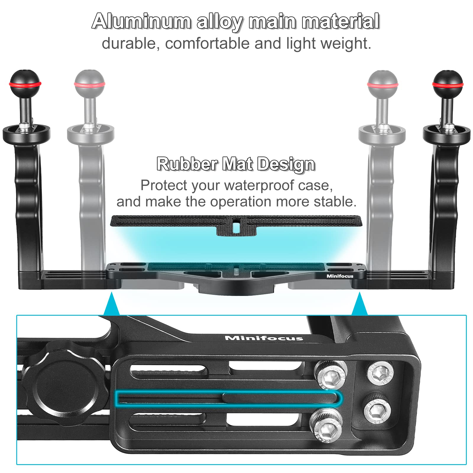 MINIFOCUS Underwater Camera Handle Tray Bracket, Dual Handle Extendable Aluminum Alloy Video Stabilizer Holder with 2 1'' Ball Clamp Mount for Underwater Camera Diving Housings