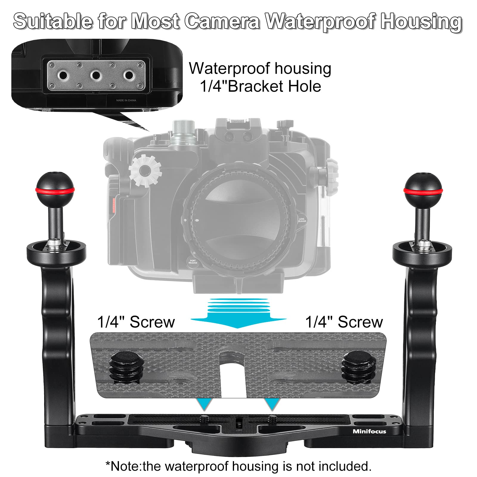 MINIFOCUS Underwater Camera Handle Tray Bracket, Dual Handle Extendable Aluminum Alloy Video Stabilizer Holder with 2 1'' Ball Clamp Mount for Underwater Camera Diving Housings