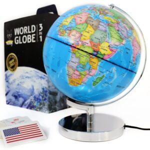 SMART WALLABY 9" Illuminated Educational Kids World Globe + STEM Flags & Countries Interactive Card Game. 3 in 1 Children Desktop Spinning Earth Political & Constellation Maps, LED Night Light Lamp