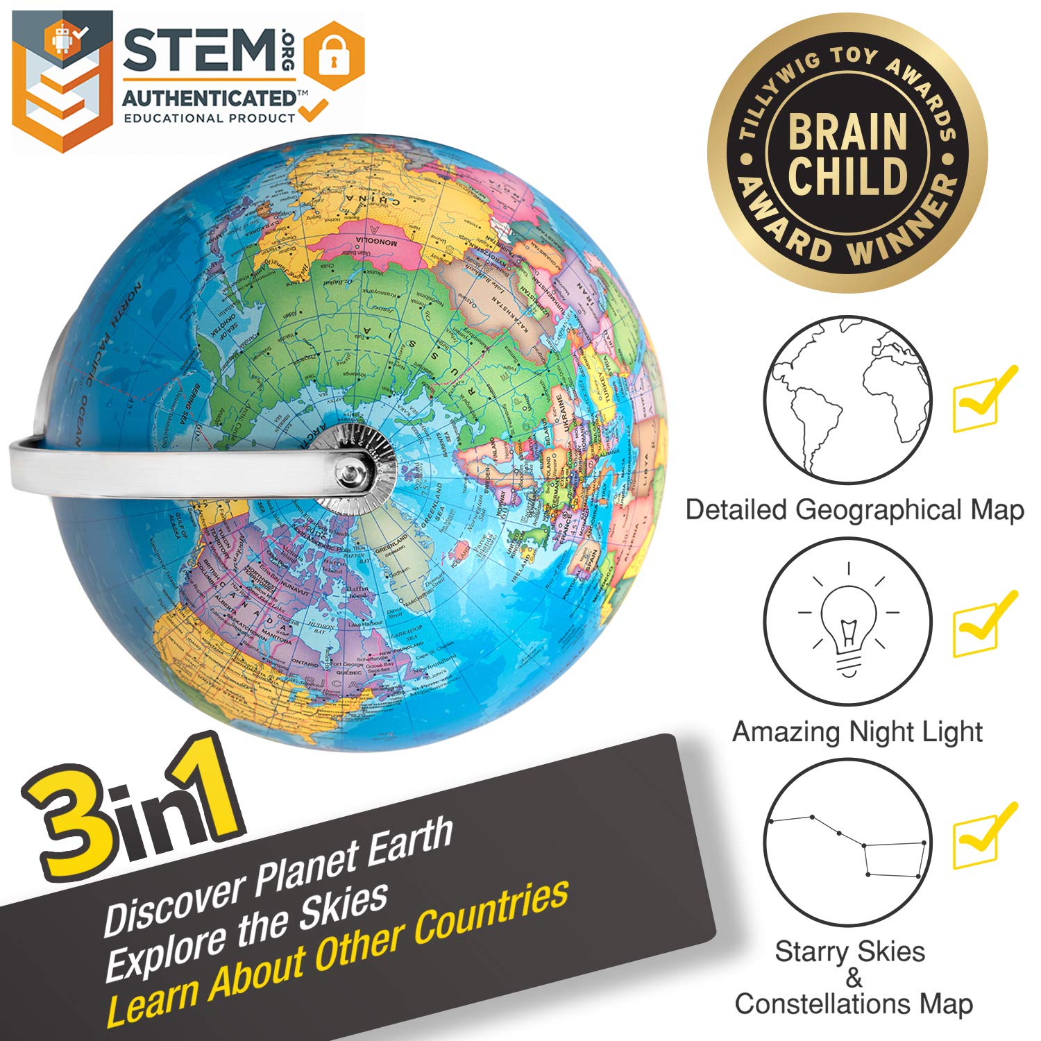 SMART WALLABY 9" Illuminated Educational Kids World Globe + STEM Flags & Countries Interactive Card Game. 3 in 1 Children Desktop Spinning Earth Political & Constellation Maps, LED Night Light Lamp