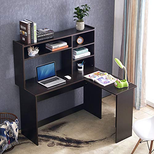 Mcombo Modern Computer Desk with Hutch L Shaped Gaming Desk Corner Desk with Shelves for Small Space Home Office Dark Brown 7194BK 47.24 W x 41.93 D x 53.15 H Inch