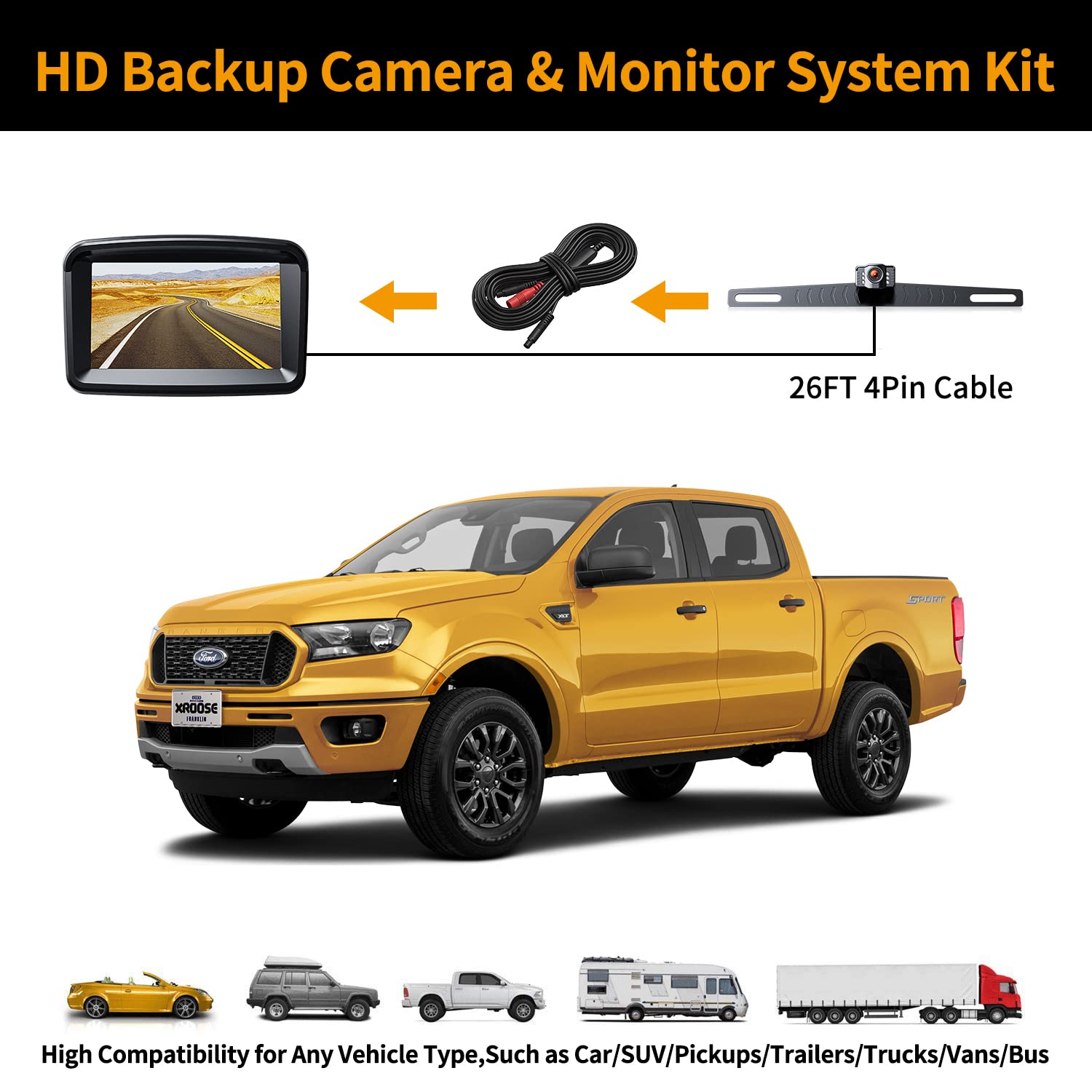 Backup Camera for Truck: 5''HD 1080P Front Rear View Monitor kit IP69 Waterproof Night Vision DIY Grid Lines for Car RVs Trucks Campers Bus Semi-Trailers Pickup Xroose S3