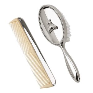 teddy bear silver tone 6 inch nickel plated metal brush and comb kit set