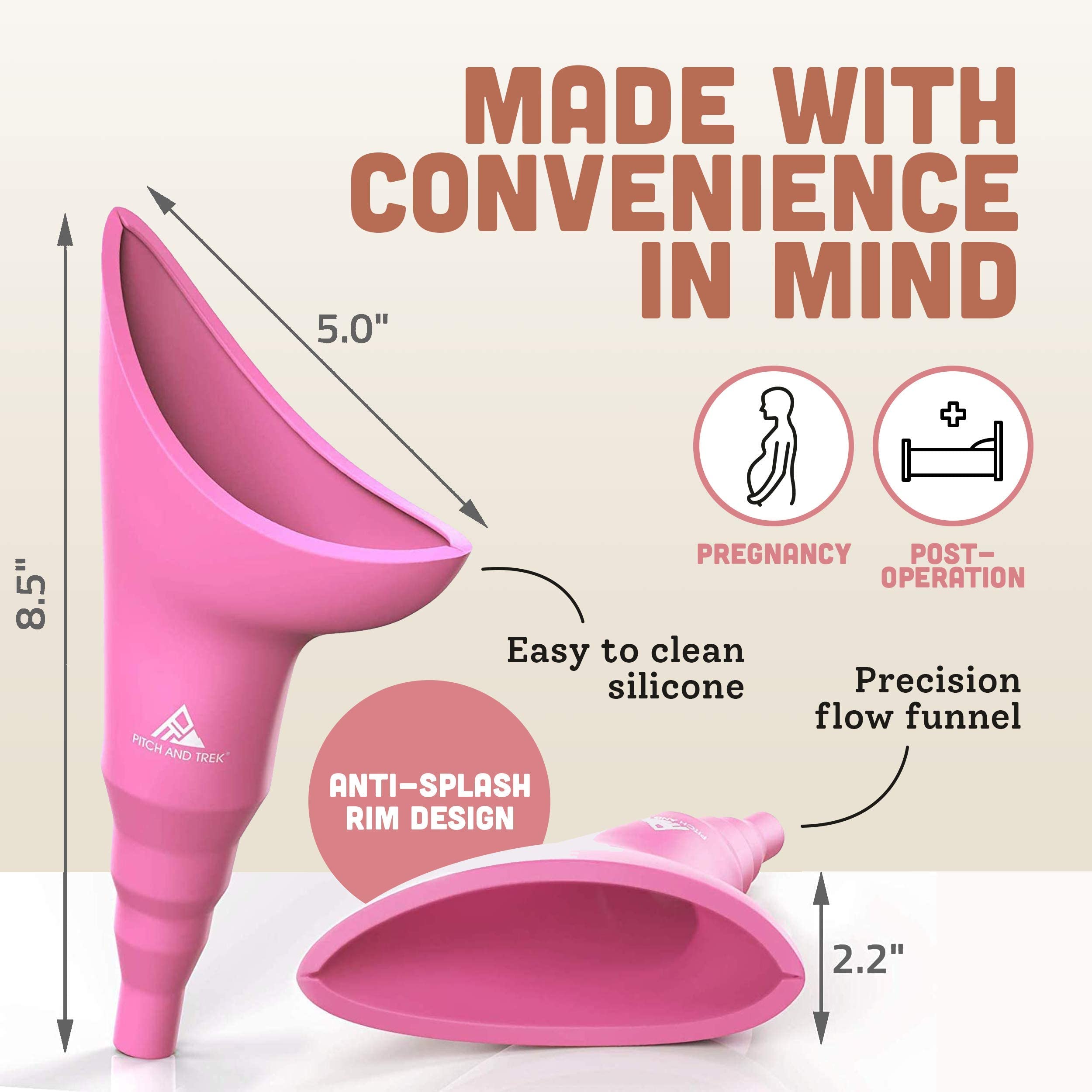 Pitch and Trek Female Urination Device, Silicone Standing Pee Funnel w/Discreet Carry Bag, for Travel, Road Trip, Festival, Camping & Hiking Gear Essentials for Women, Pink