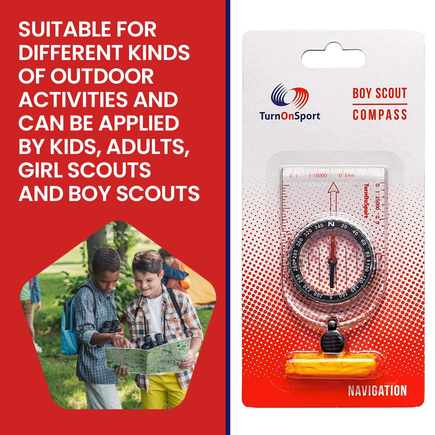 Boy Scout Hiking Compass TurnOnSport | Orienteering Compass for Kids Map Navigation - Small Survival Compass - Waterproof & Lightweight Small Survival Compass - Mini Camping Compass - Kids Camping Kit