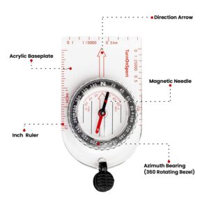 Boy Scout Hiking Compass TurnOnSport | Orienteering Compass for Kids Map Navigation - Small Survival Compass - Waterproof & Lightweight Small Survival Compass - Mini Camping Compass - Kids Camping Kit