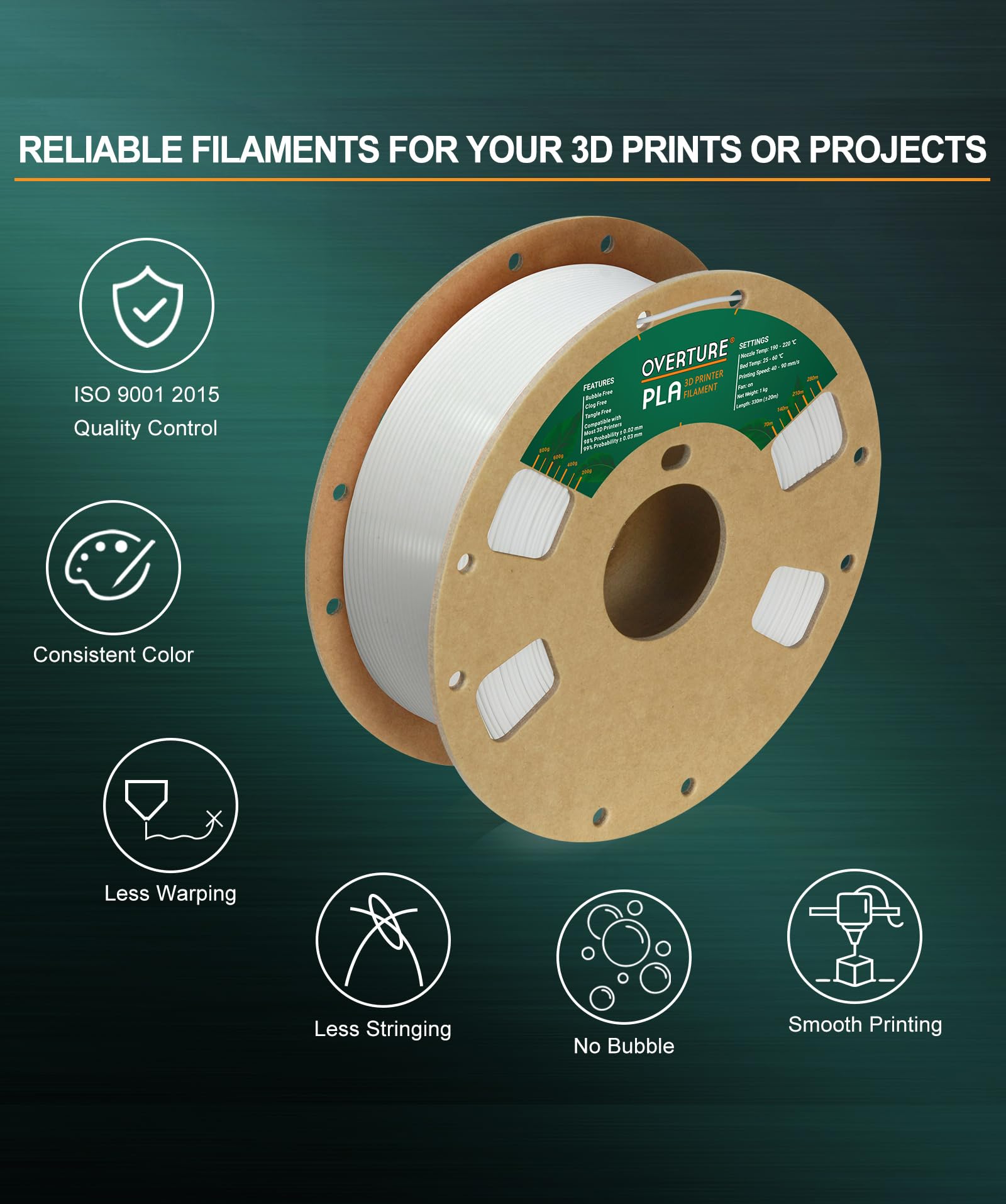 OVERTURE PLA Filament 1.75mm PLA 3D Printer Filament, 1kg Cardboard Spool (2.2lbs), Dimensional Accuracy +/- 0.02mm, Fit Most FDM Printer (White 1-Pack)