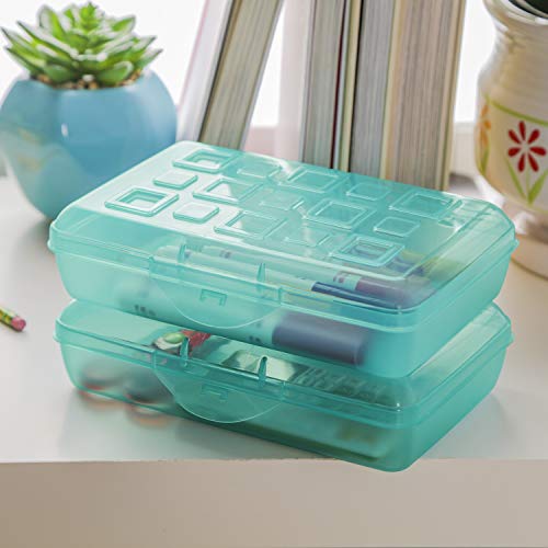 Sterilite Small Pencil Box, Stackable Plastic Small Storage Container with Lid, Organize Pens, Pencils, and Small Items, Molokai Blue Tint, 12-Pack
