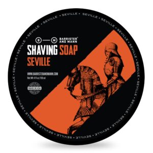 barrister and mann shaving soap | luxury dense, rich & creamy lather tallow wet shave puck bar notes of lemon, bergamot, rosemary, lavender, patchouli | smooth grooming routine for men 4 oz (seville)