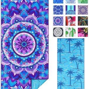 Microfiber Sand Free Beach Towel Thin Quick Dry Super Absorbent Large Lightweight Towels for Travel Sports Pool Swimming Bath Yoga Girls Women Adults Boho Palm Tree Blue Mandala