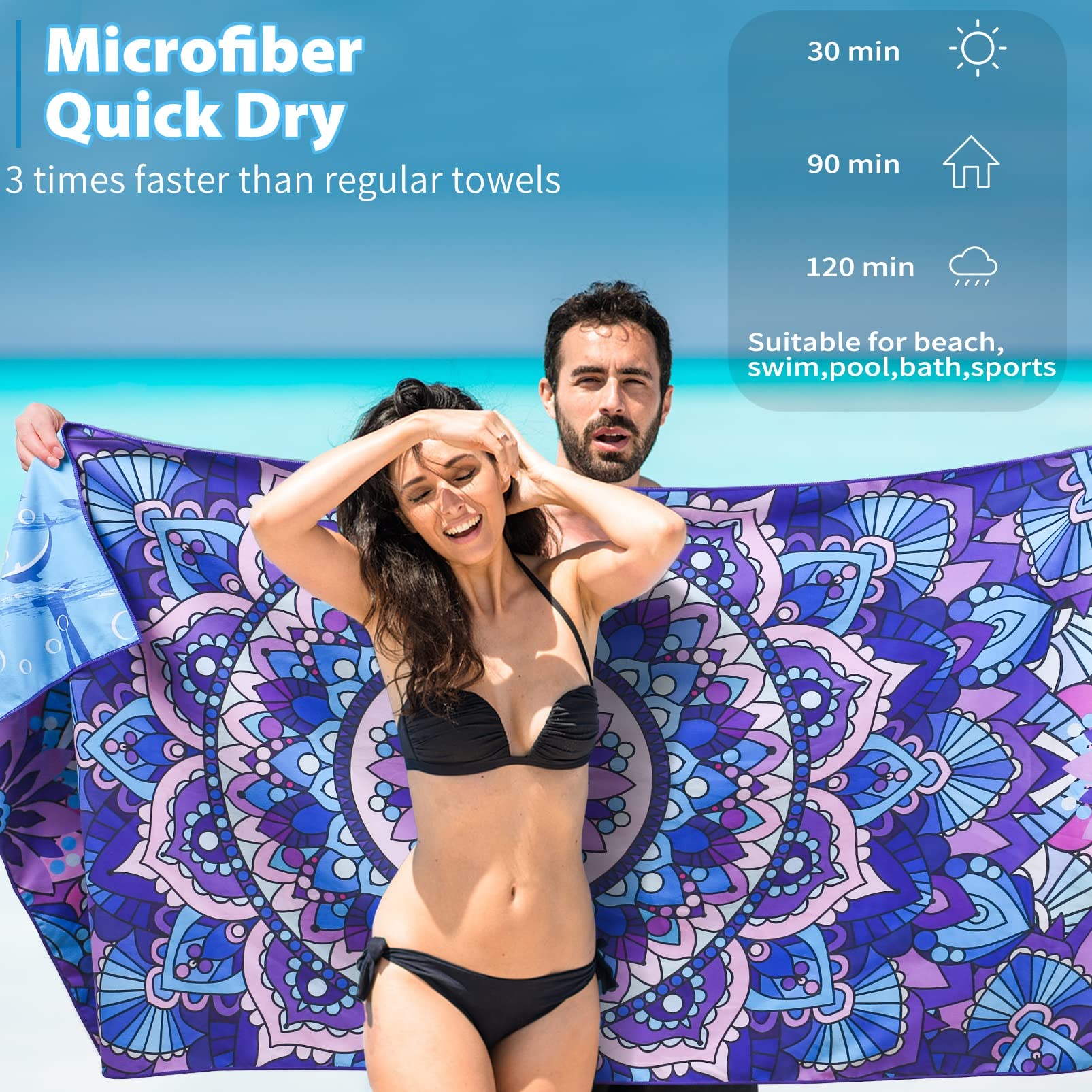 Microfiber Sand Free Beach Towel Thin Quick Dry Super Absorbent Large Lightweight Towels for Travel Sports Pool Swimming Bath Yoga Girls Women Adults Boho Palm Tree Blue Mandala