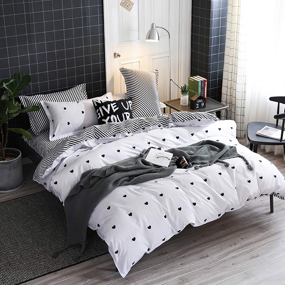 Omelas Kids Heart Love Twin Duvet Cover Set Black and White Teens Girls Lovely Heart-Shaped Pattern Striped Reversible Bedding Soft Breathable Quality Brushed Microfiber (3 Pcs,XD,T)