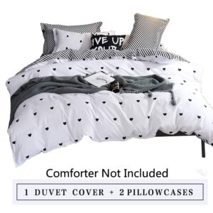 Omelas Kids Heart Love Twin Duvet Cover Set Black and White Teens Girls Lovely Heart-Shaped Pattern Striped Reversible Bedding Soft Breathable Quality Brushed Microfiber (3 Pcs,XD,T)