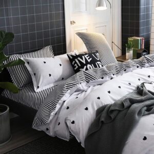 Omelas Kids Heart Love Twin Duvet Cover Set Black and White Teens Girls Lovely Heart-Shaped Pattern Striped Reversible Bedding Soft Breathable Quality Brushed Microfiber (3 Pcs,XD,T)