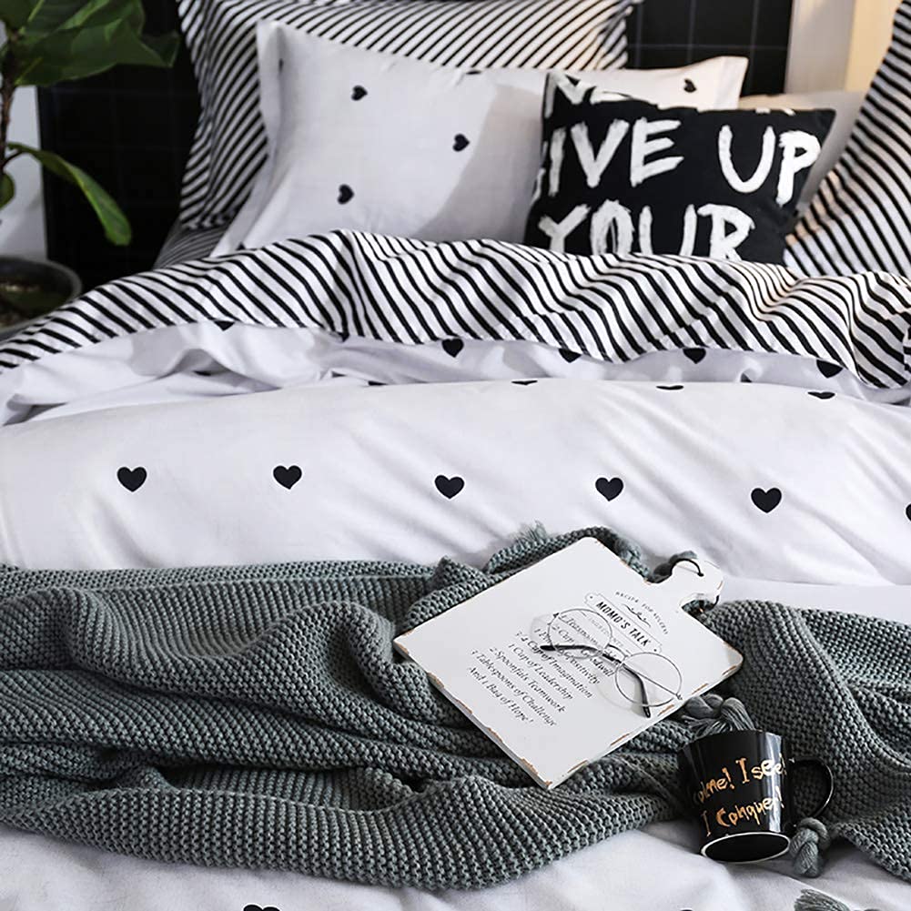 Omelas Kids Heart Love Twin Duvet Cover Set Black and White Teens Girls Lovely Heart-Shaped Pattern Striped Reversible Bedding Soft Breathable Quality Brushed Microfiber (3 Pcs,XD,T)