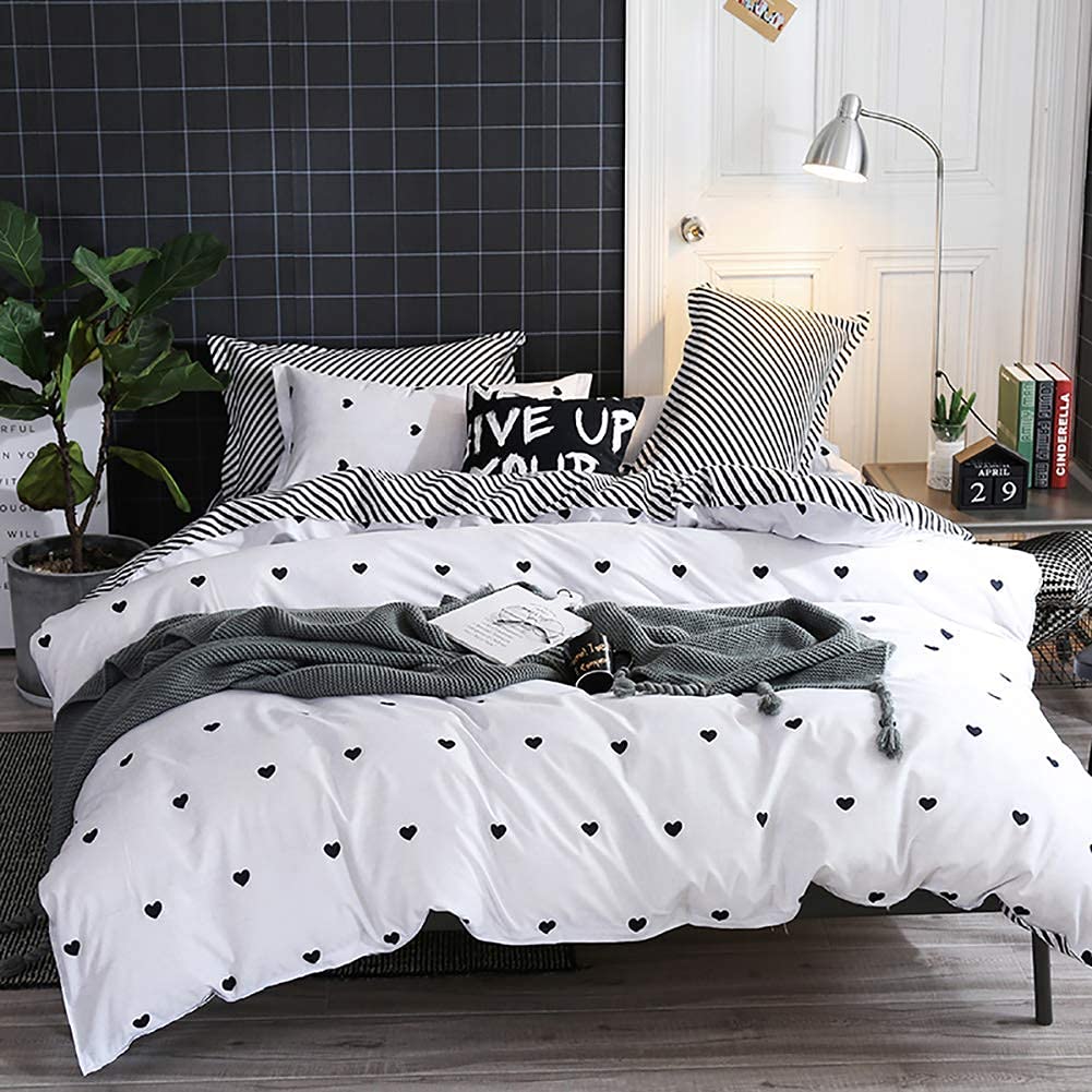 Omelas Kids Heart Love Twin Duvet Cover Set Black and White Teens Girls Lovely Heart-Shaped Pattern Striped Reversible Bedding Soft Breathable Quality Brushed Microfiber (3 Pcs,XD,T)