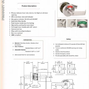 VIZILOK ADA Compliant, Single Egress Indicator Privacy Lock C5FN-L Durable ANSI Grade 2 Comp Commercial LeftHanded Non Reversible in-Use or Vacant Push Button Lever - Satin Nickel