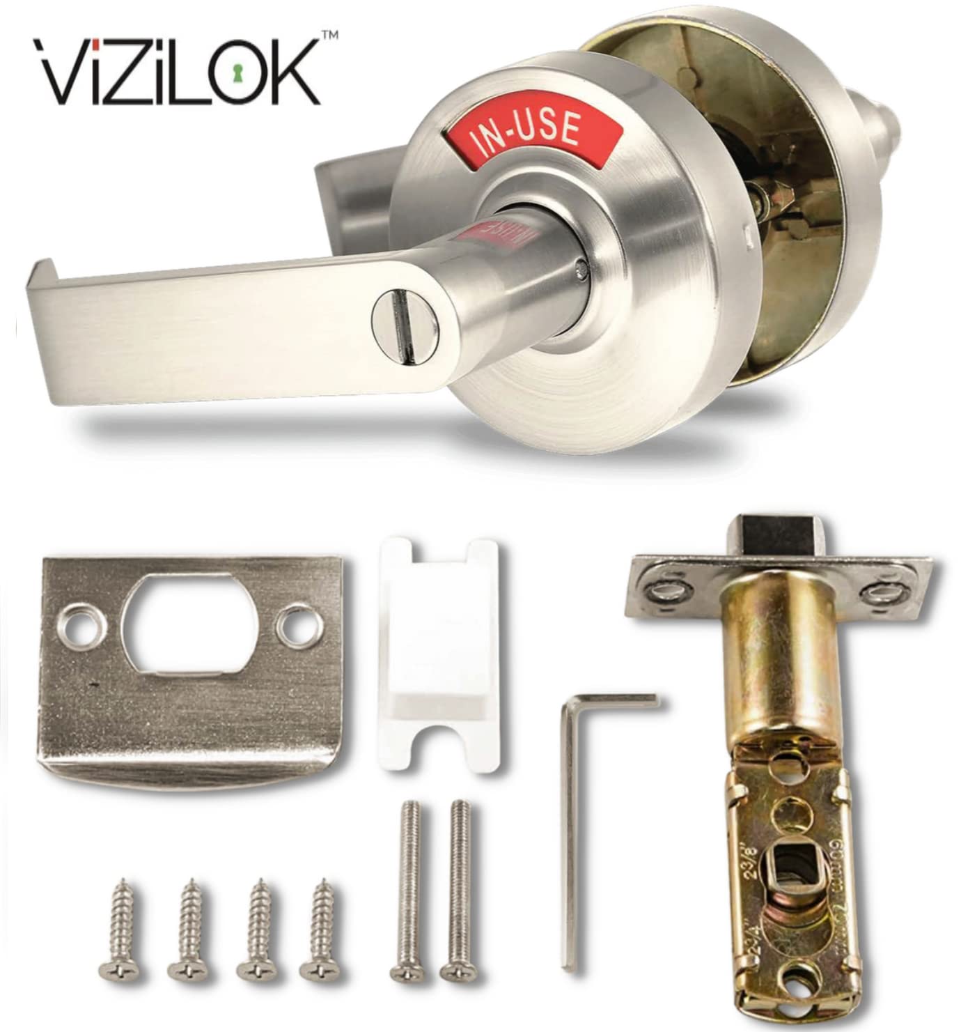 VIZILOK ADA Compliant, Single Egress Indicator Privacy Lock C5FN-L Durable ANSI Grade 2 Comp Commercial LeftHanded Non Reversible in-Use or Vacant Push Button Lever - Satin Nickel