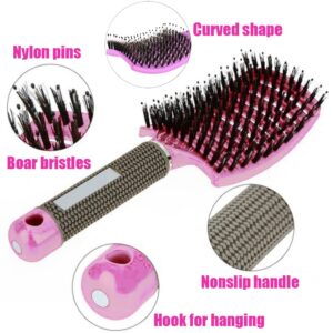 Vented Curved Boar Bristle Hair Brush Paddle Brush for Blow Drying, Anti-frizz Detangling Brush Styling Hairbrush Comb for Curly Fine Wavy Natural Tangled Hair, Wet or Dry Use