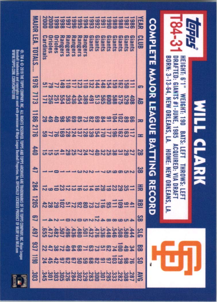 2019 Topps '84 Topps #T8431 Will Clark Baseball Card *