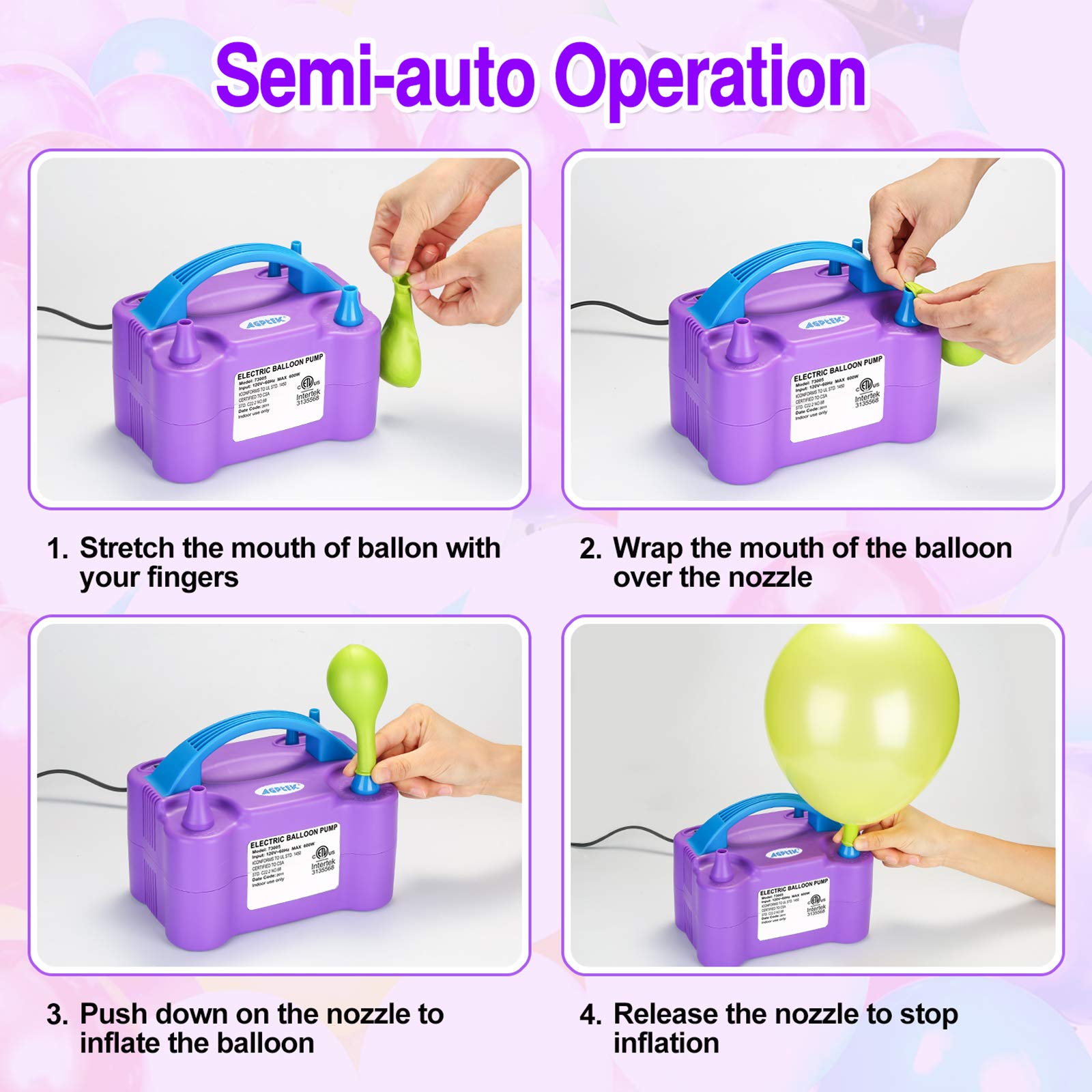 AGPTEK Electric Air Balloon Pump, 110V 600W Purple Portable Dual Nozzle Inflator/Blower for Party Decoration,with 2 Balloon Tying Tool