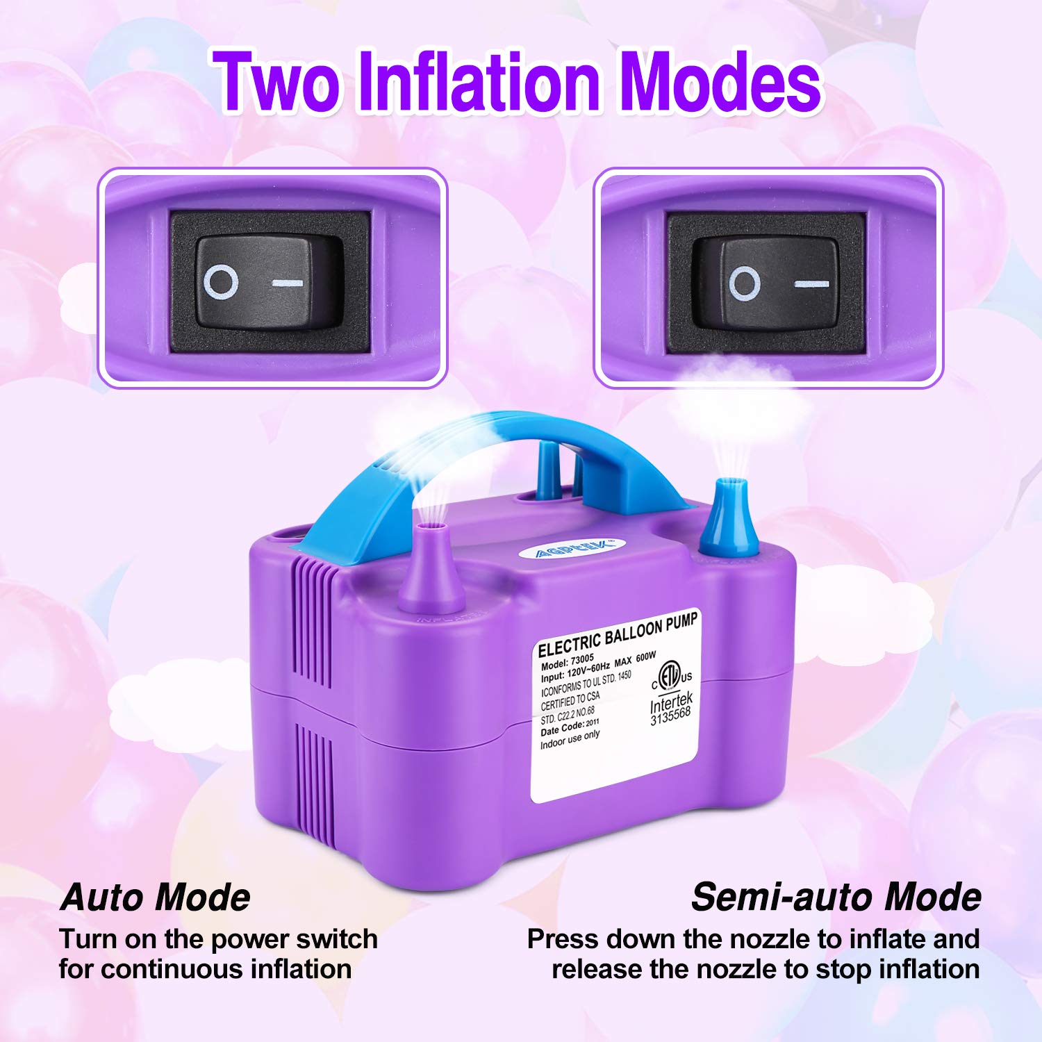 AGPTEK Electric Air Balloon Pump, 110V 600W Purple Portable Dual Nozzle Inflator/Blower for Party Decoration,with 2 Balloon Tying Tool