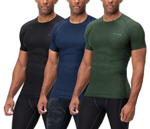 devops 3 pack men's cool dry short sleeve compression shirts, sports baselayer t-shirts tops, athletic workout shirt (large, black/navy/olive)