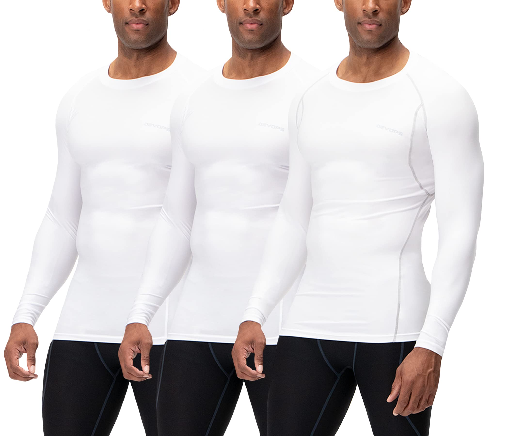 DEVOPS 3 Pack Men's UPF 50+ Long Sleeve Compression Shirts, Water Sports Rash Guard Base Layer, Athletic Workout Shirt (Medium, White/White/White)