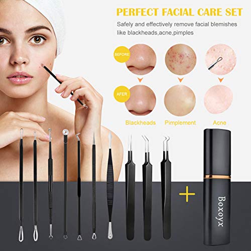 Pimple Popper Tool Kit - Boxoyx 10 Pcs Blackhead Remover Comedone Extractor Kit with Box for Quick and Easy Removal of Pimples, Blackheads, Zit Removing, Forehead,Facial and Nose (Black)