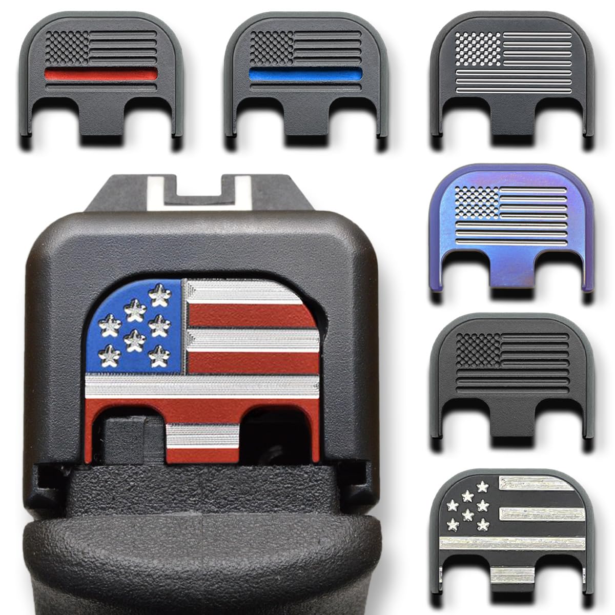 Milspin Slide Back Plate Compatible with Glock Gen 1-5 | American Flag | Veteran Made in USA I CNC Milled (Blacked Out (on Stainless Steel), Models G17-G41, G45)