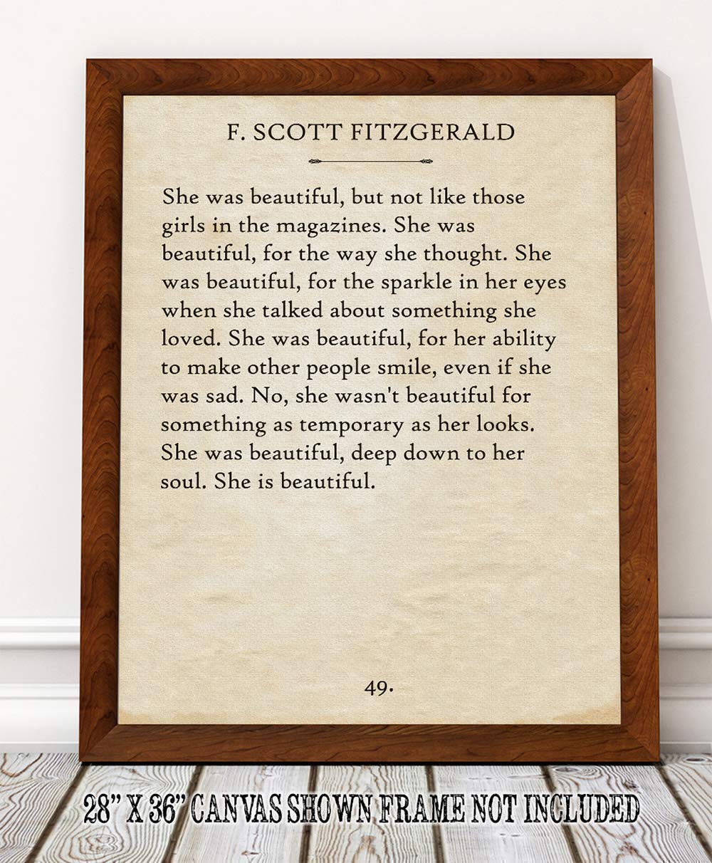 F. Scott Fitzgerald - She was Beautiful - Inspirational Home and Room Decorations, Woman Love Quotes Decor, Gift for Wedding and Book Lovers, Choose Unframed Classic Book Page Poster or Canvas