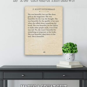 F. Scott Fitzgerald - She was Beautiful - Inspirational Home and Room Decorations, Woman Love Quotes Decor, Gift for Wedding and Book Lovers, Choose Unframed Classic Book Page Poster or Canvas